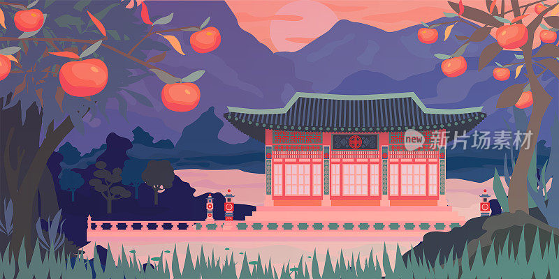 South Korean Landscape. Traditional Korea Palaces Hanok Building Republic Of Korea from mountains.